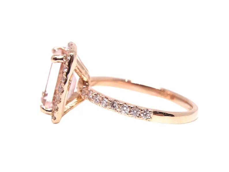 14K Gold Diamond Halo with 2.50 Carat Emerald Cut Morganite Engagement Ring