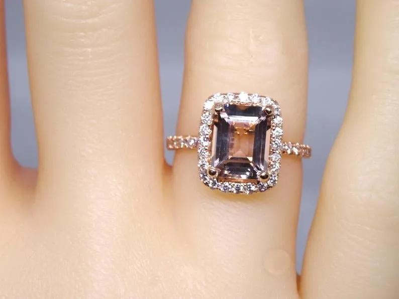 14K Gold Diamond Halo with 2.50 Carat Emerald Cut Morganite Engagement Ring