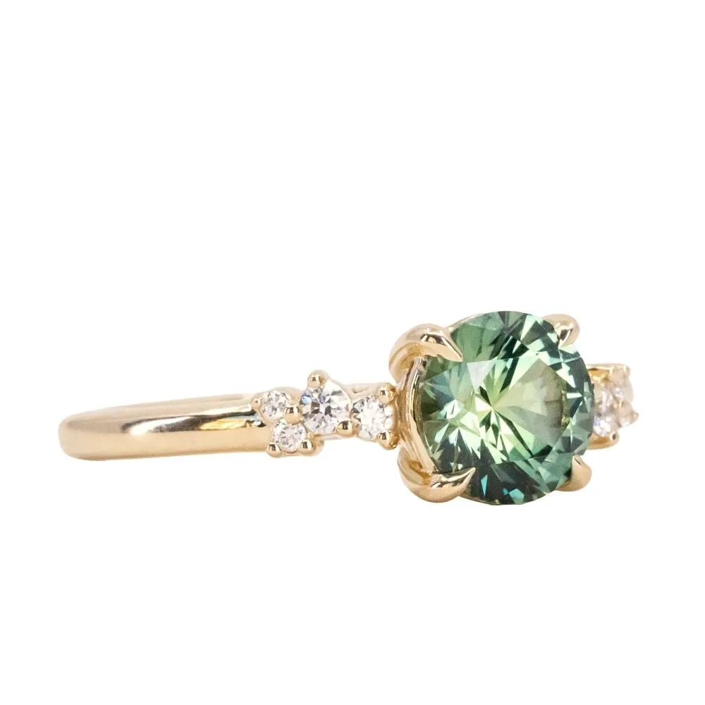 1.50ct Precision Cut Minty Teal Montana Sapphire and Diamond ring in 14k Yellow Gold