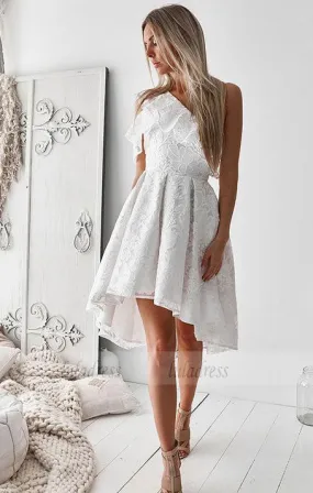 A-Line One-Shoulder High Low White Lace Prom Homecoming Dress with Ruffles,BD99565