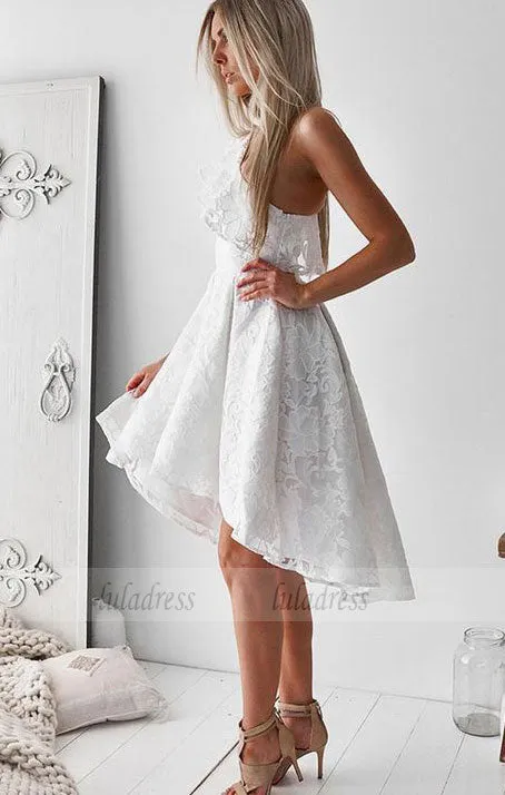 A-Line One-Shoulder High Low White Lace Prom Homecoming Dress with Ruffles,BD99565