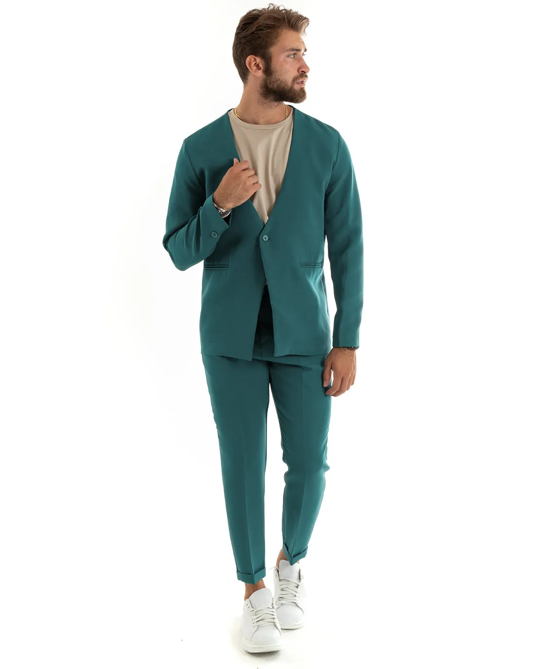 Abito Uomo Monopetto Vestito Viscosa Completo Giacca Pantaloni Ottanio Elegante Cerimonia GIOSAL-OU2441A