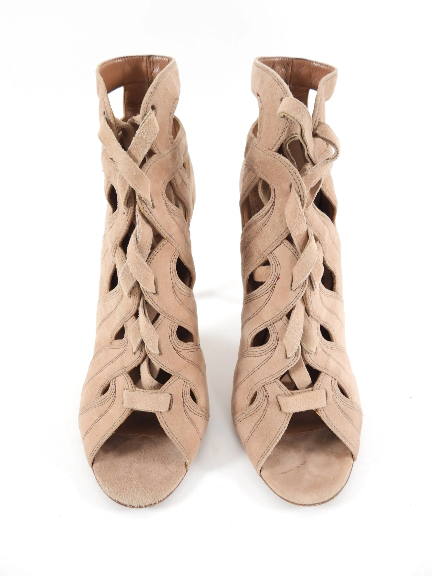 Alaia Nude Suede Gladiator Peep Toe Heels - 38