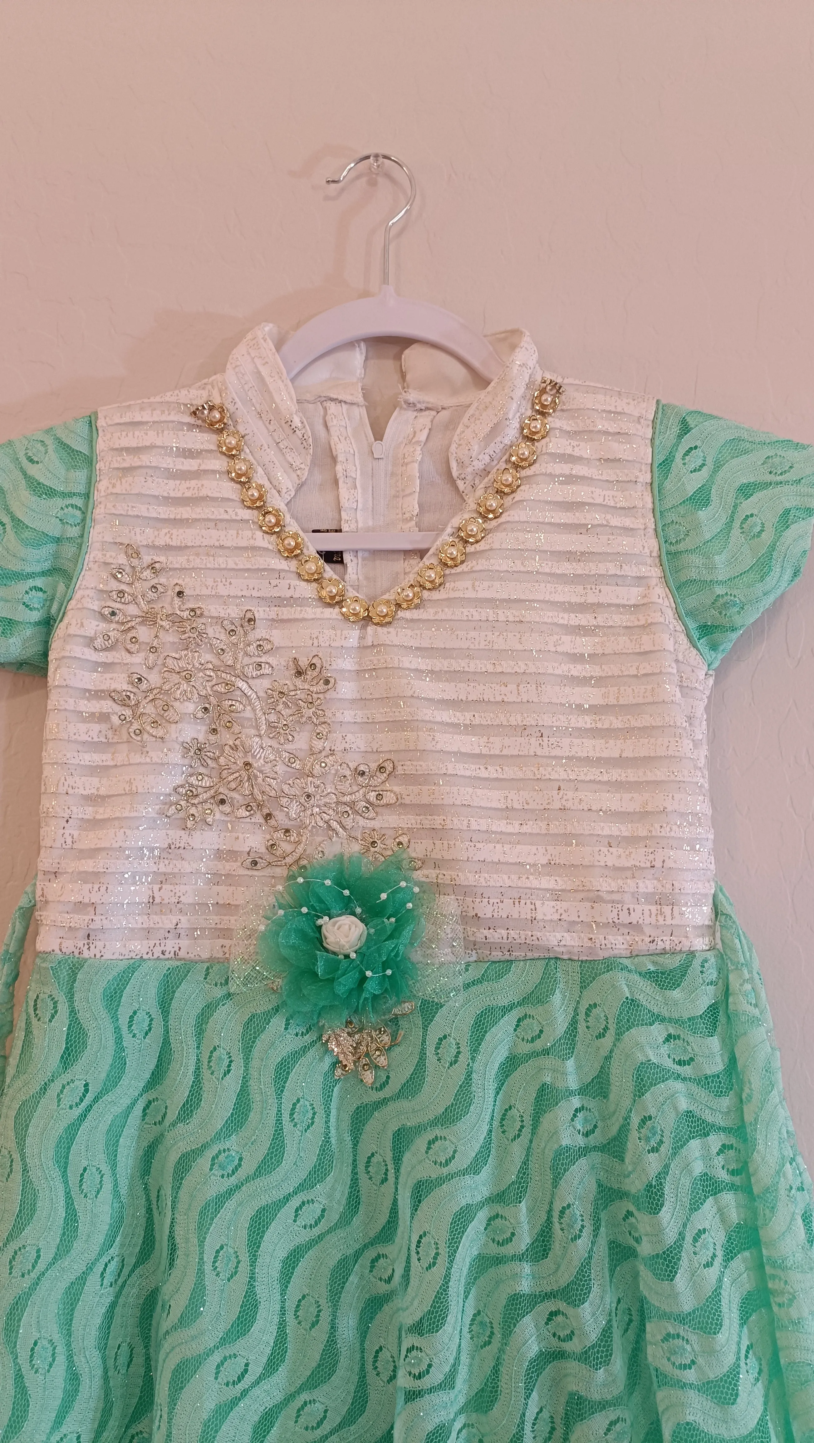 Attractive Green And White Kids Party Wear Frock