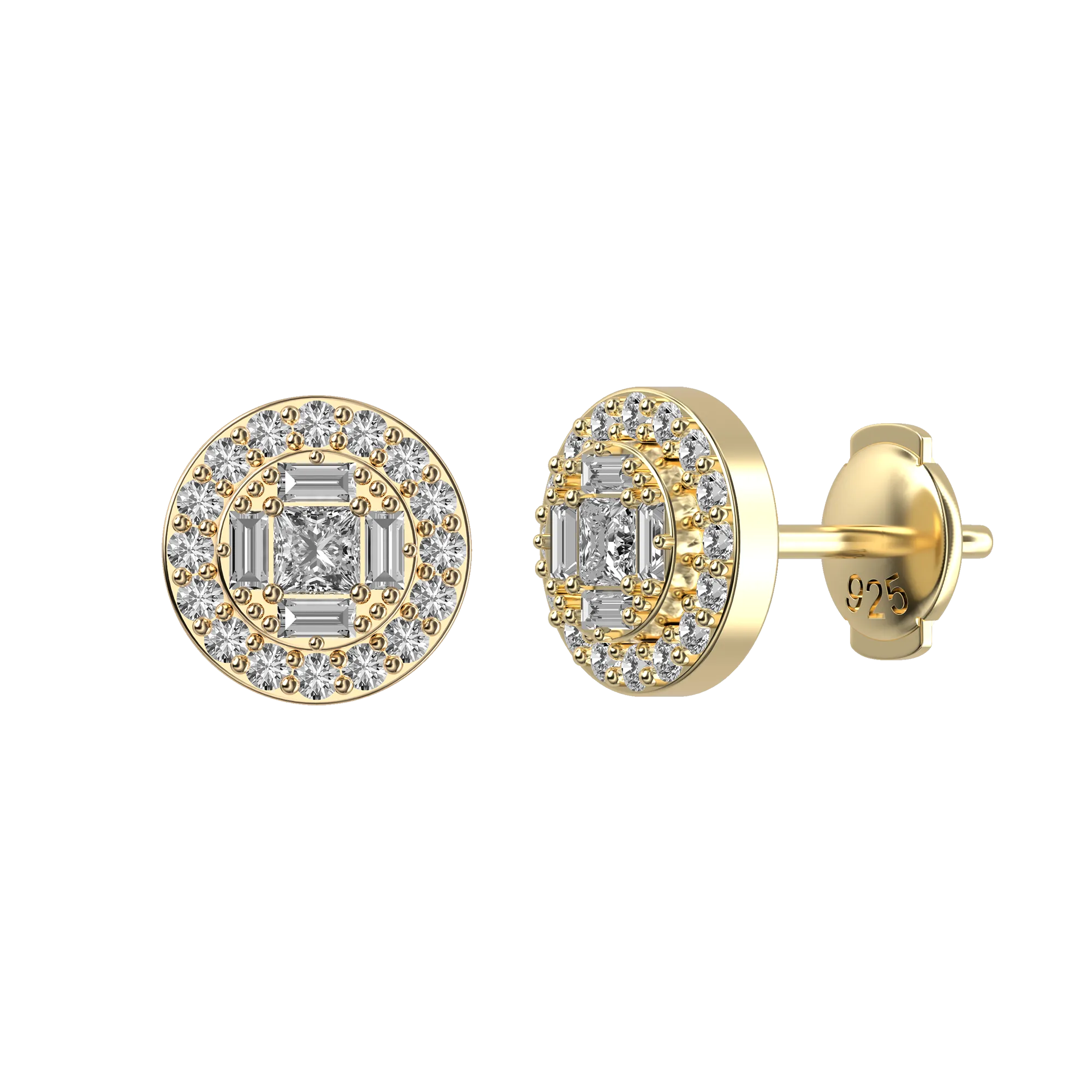 Baguette Mix Round Cut Halo Stud Earrings - Pair