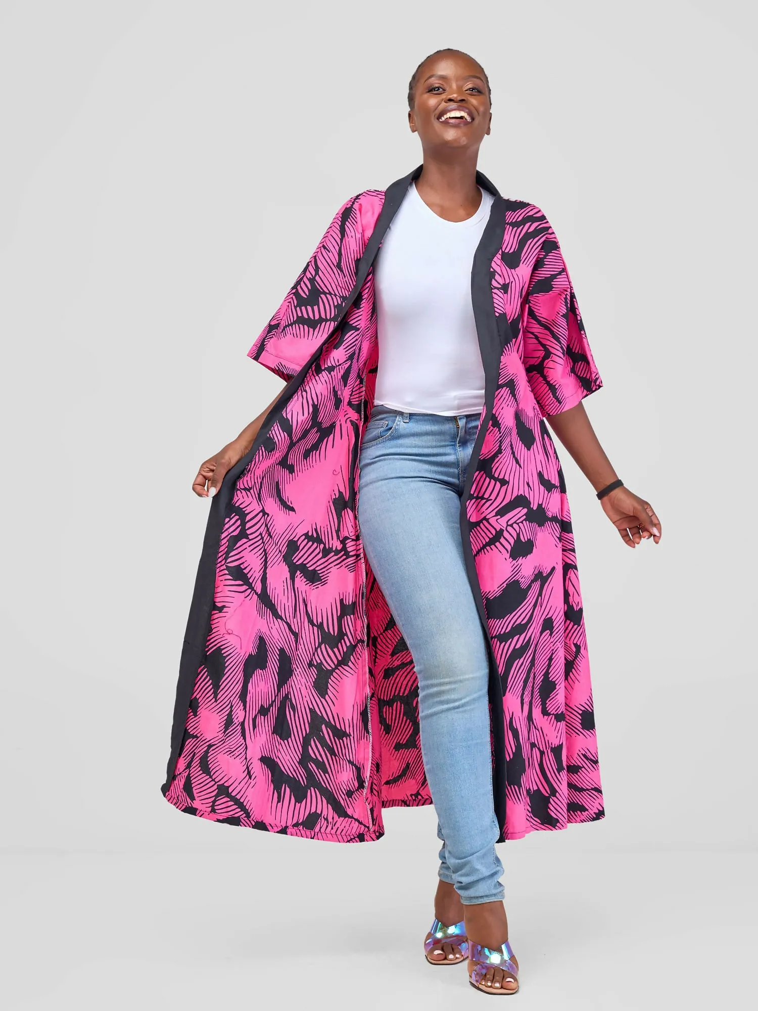 Bella Wangu Abstract Print Kimono - Black / Fuschia