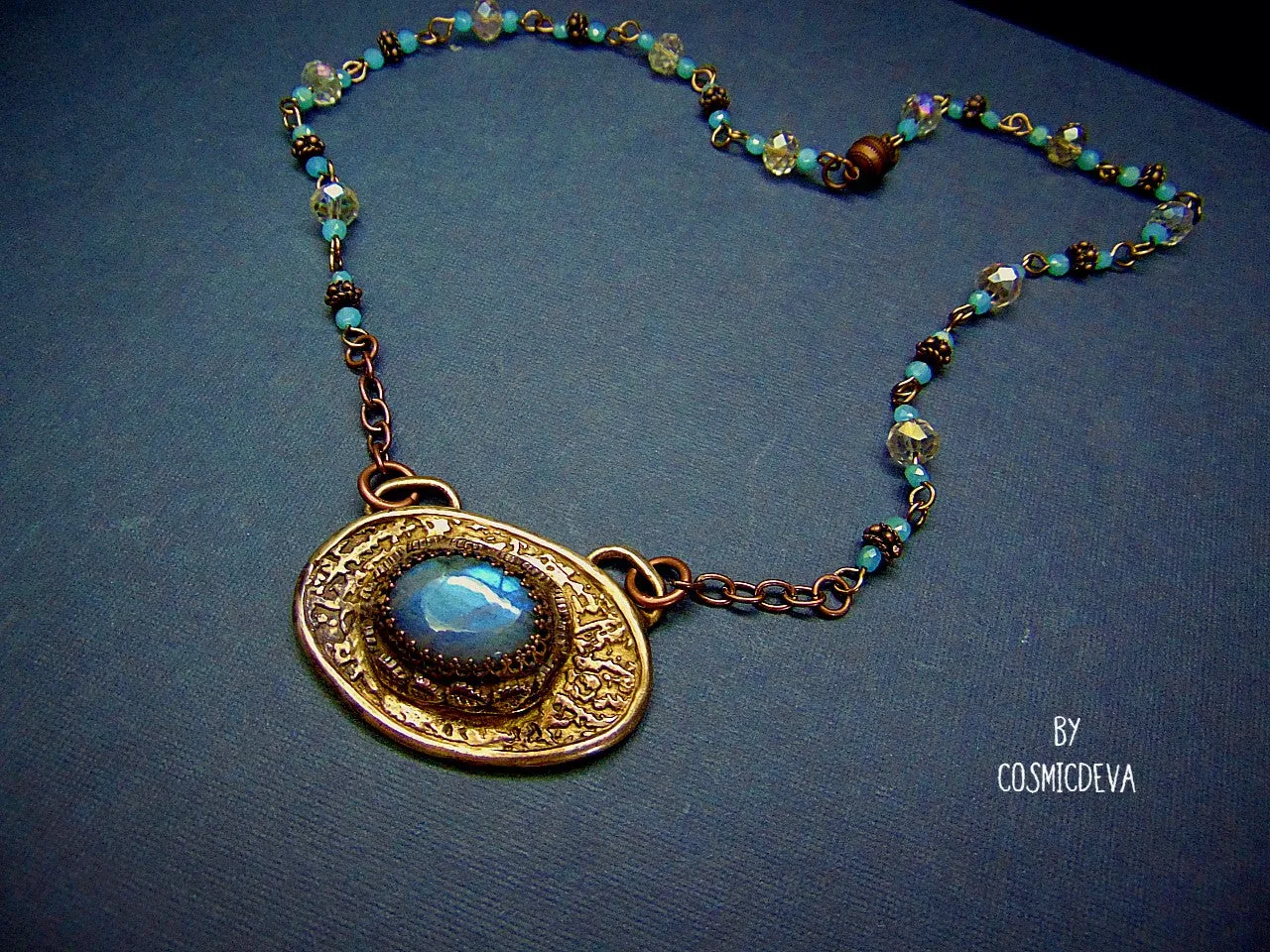 Blue Labradorite Mixed Metal Pendant Necklace, Artisan Jewelry, Gold Bronze Necklace