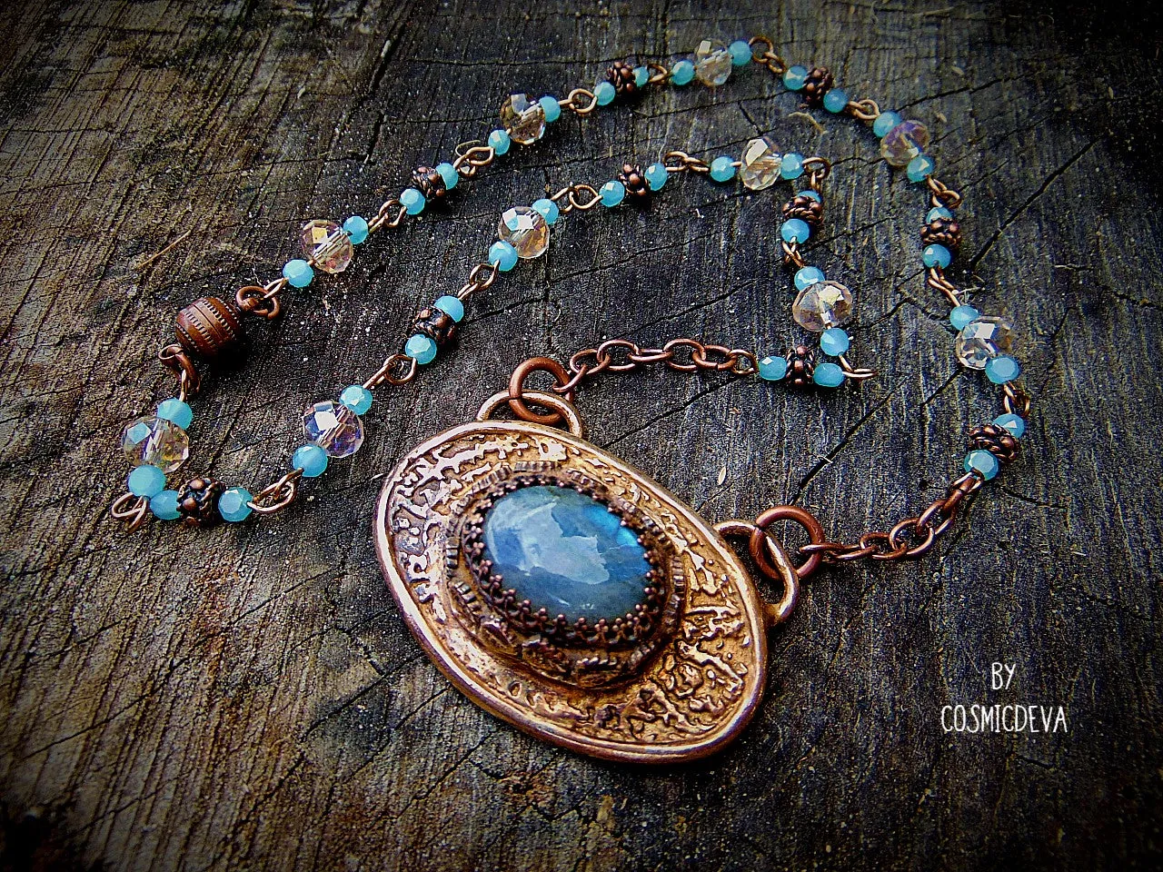 Blue Labradorite Mixed Metal Pendant Necklace, Artisan Jewelry, Gold Bronze Necklace