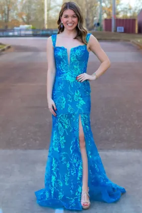 Blue Sequins Mermaid Long Lace Prom Dresses,BD93210