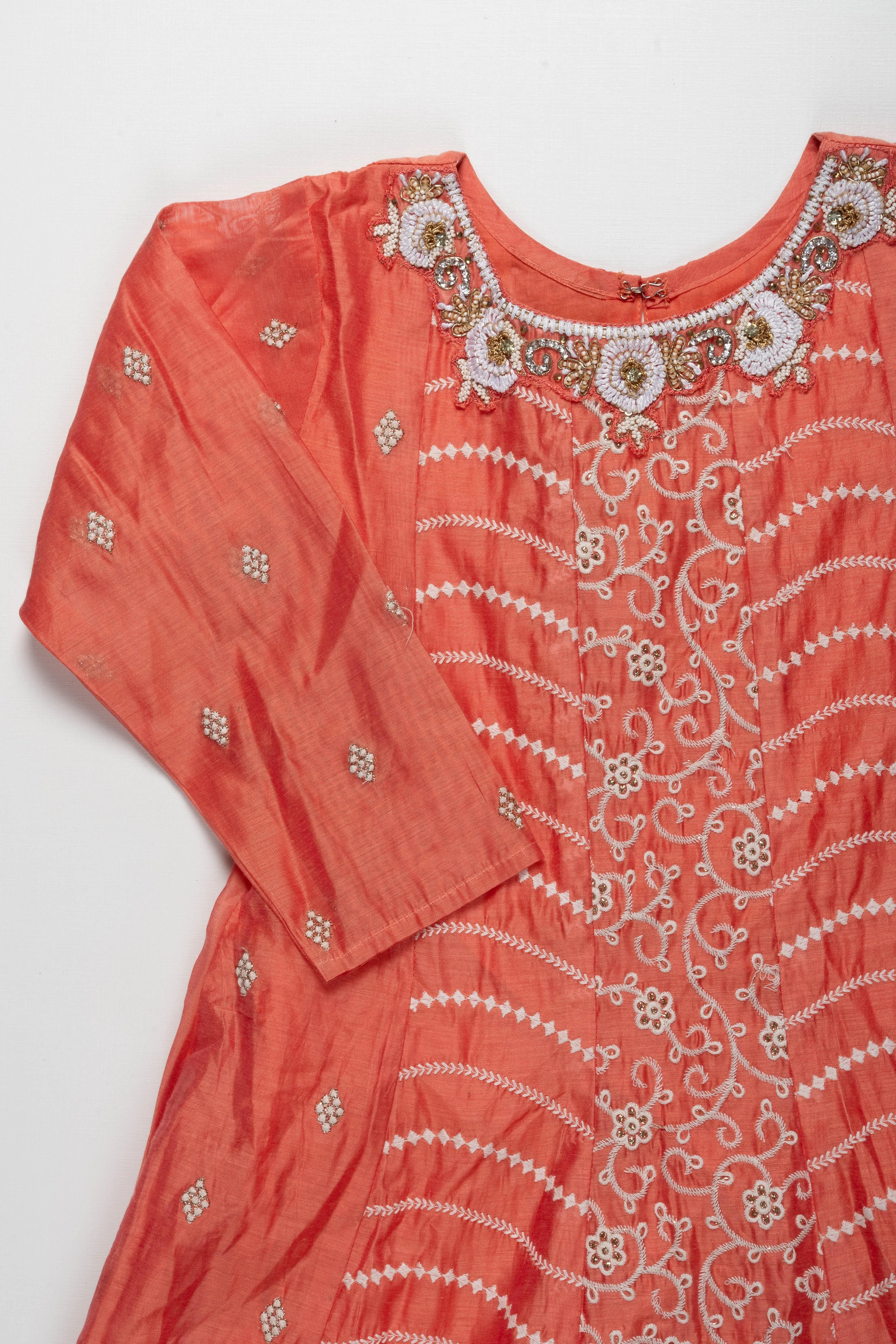 Coral Embroidered Silk Long Frock for Girls - Traditional Ethnic Wear