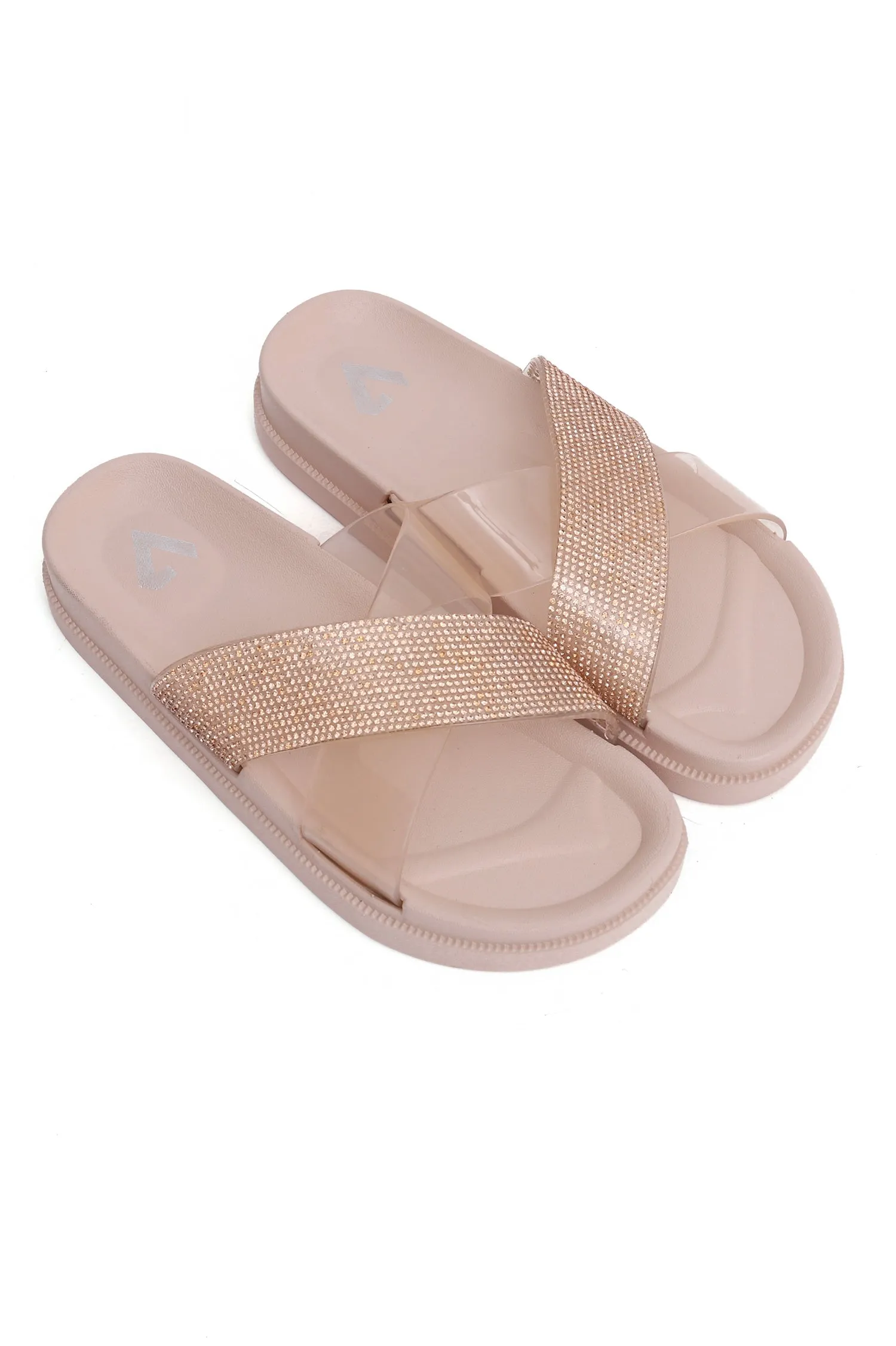 DIAMANTE CROSSOVER SLIDES-ROSE GOLD