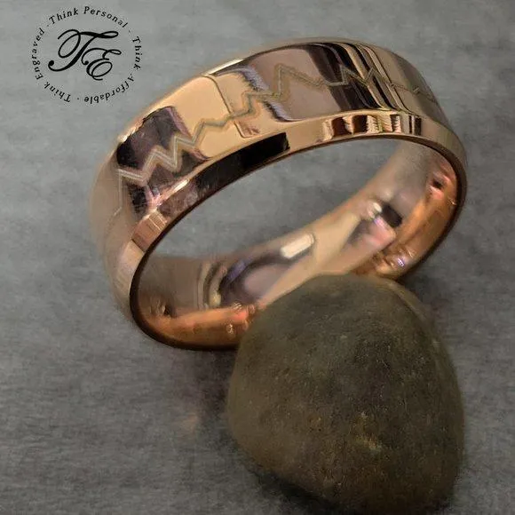 Engraved Women's Heart Beat Wedding Band - Rose Gold Over Stainless Steel