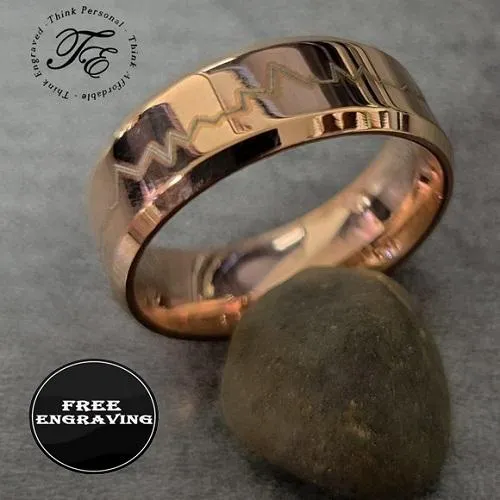 Engraved Women's Heart Beat Wedding Band - Rose Gold Over Stainless Steel