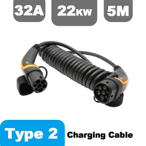 EV Charger Type 2 32A Type 2 to Type 2 EV Charging Cable With 5M Spiral Cable Mennekes Type 2 for Electric Vehicle Car EVSE 22KW