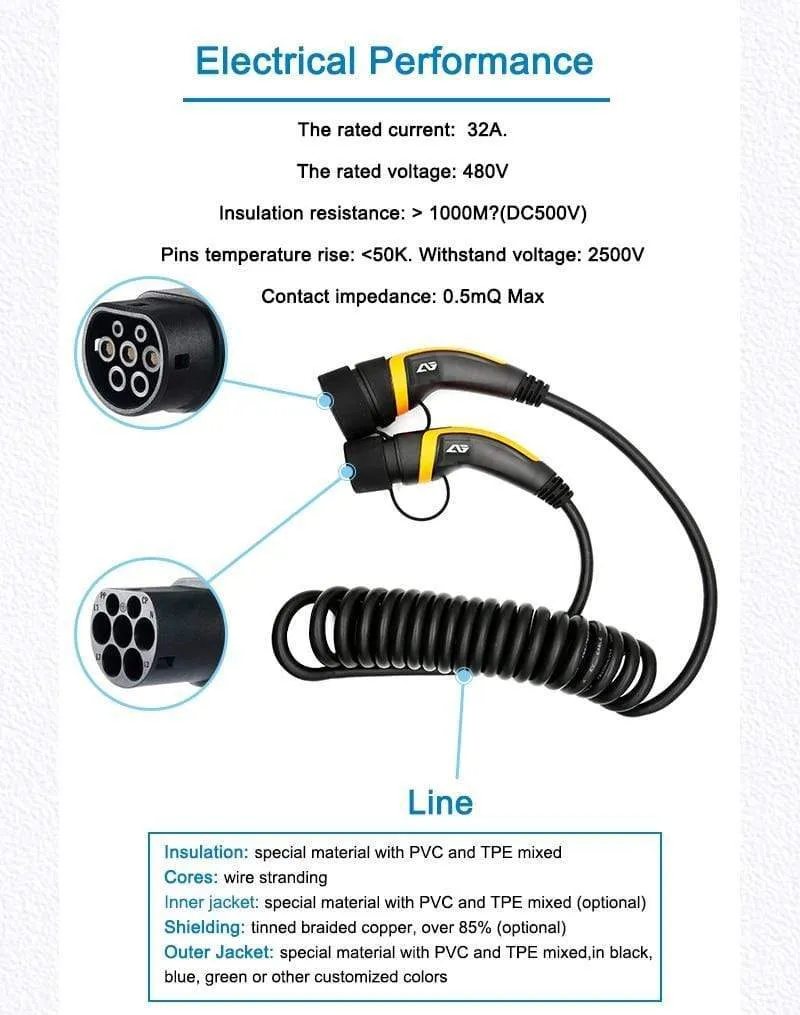 EV Charger Type 2 32A Type 2 to Type 2 EV Charging Cable With 5M Spiral Cable Mennekes Type 2 for Electric Vehicle Car EVSE 22KW