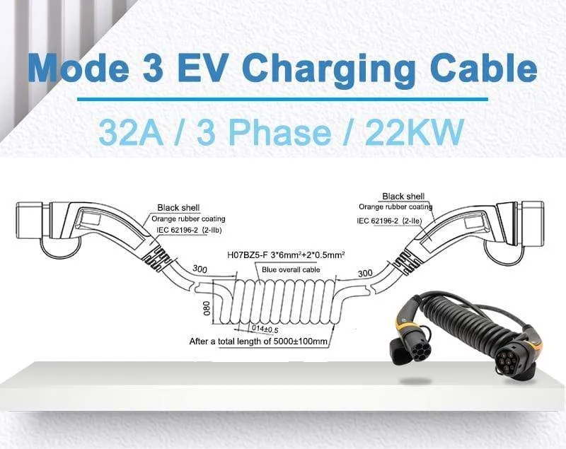 EV Charger Type 2 32A Type 2 to Type 2 EV Charging Cable With 5M Spiral Cable Mennekes Type 2 for Electric Vehicle Car EVSE 22KW