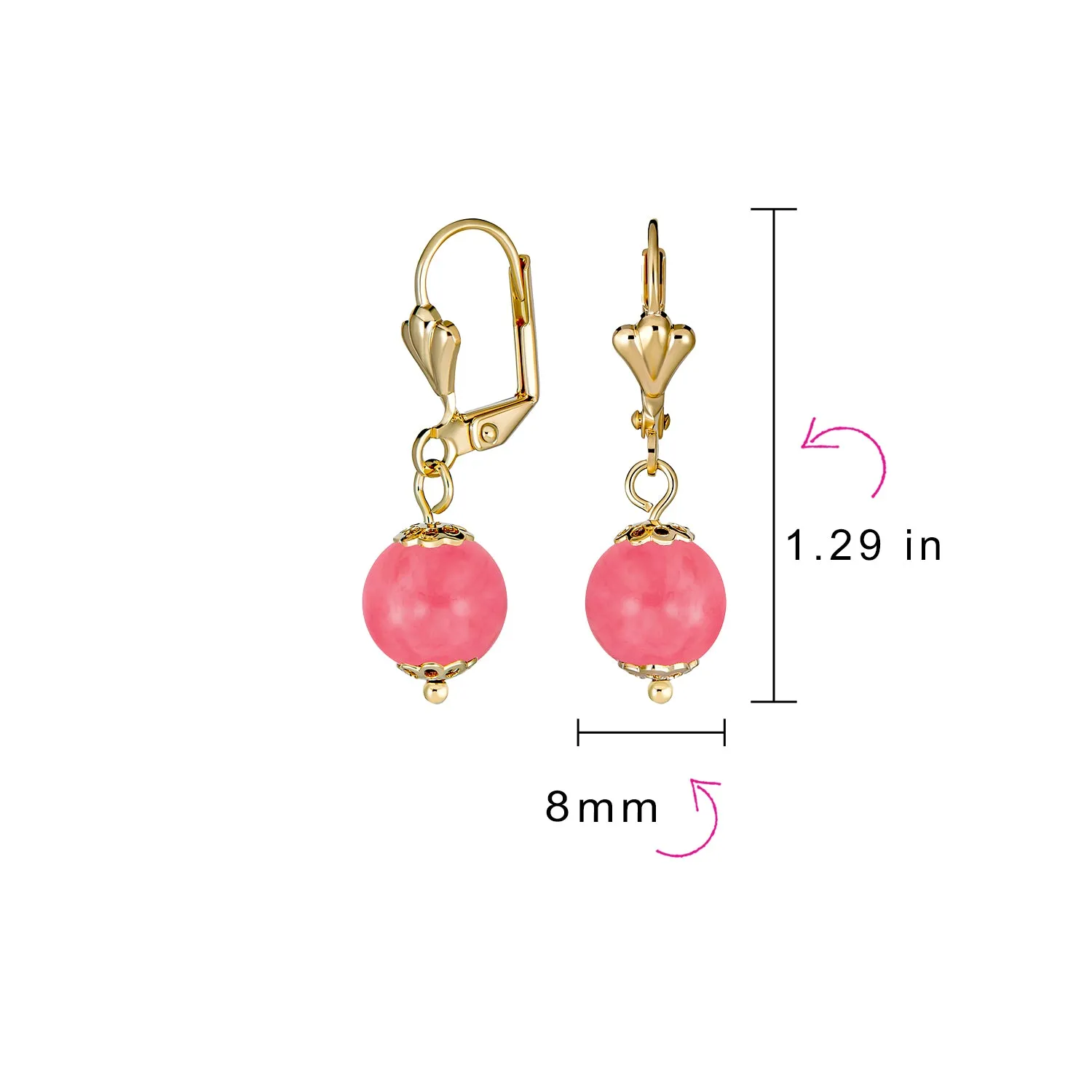 Gemstone Drop Ball Earrings & Choker Necklace Yellow 18K Gold Plated 8, 10, 12 MM