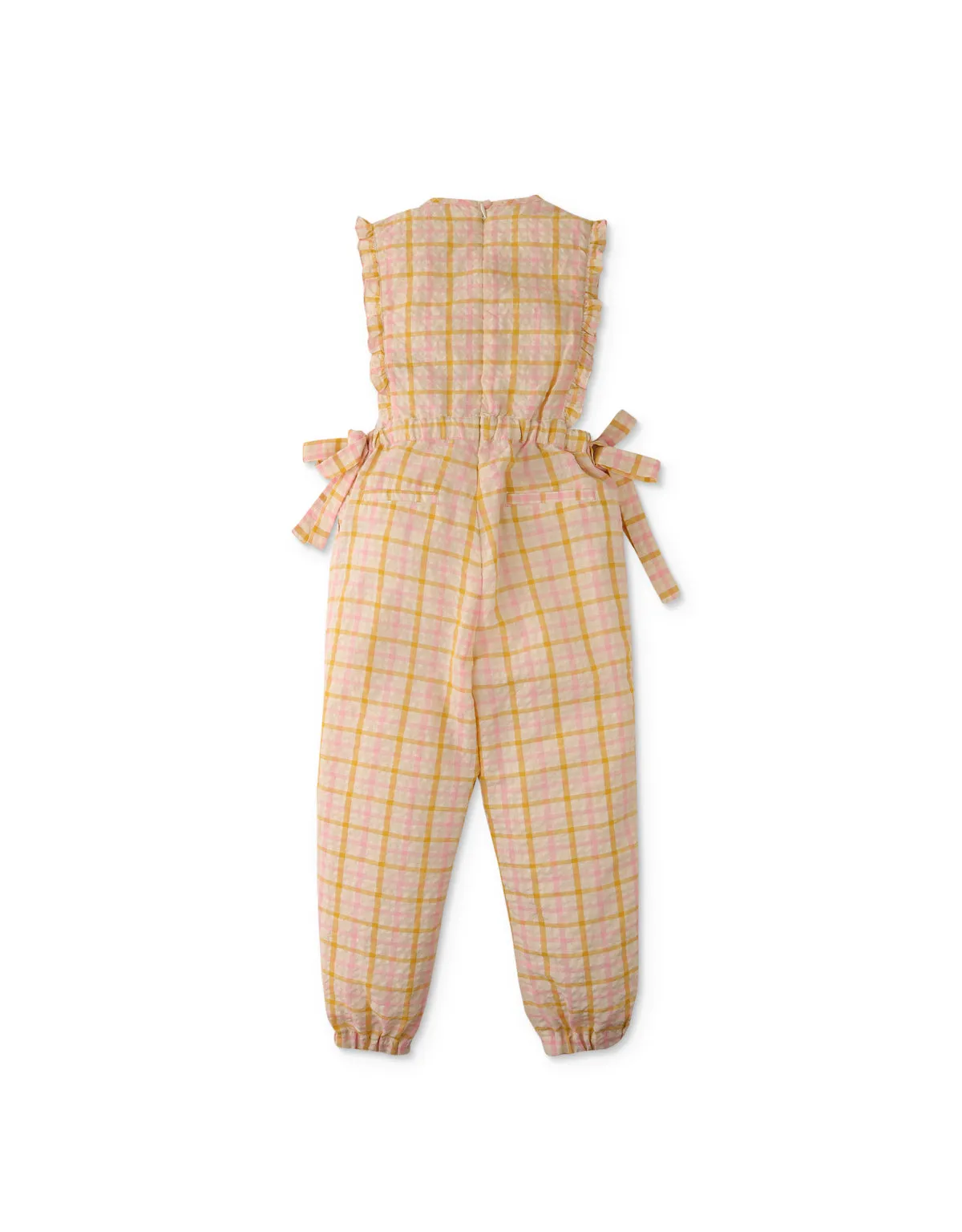 GINGERSNAPS SS24 Girls Smocked Plaid Side Ties Jumpsuit Overalls