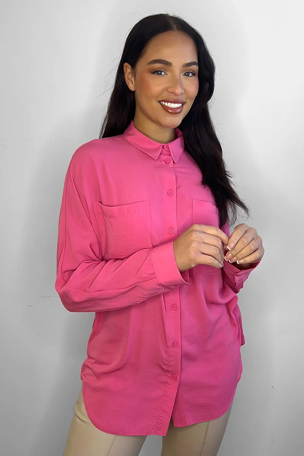 Hot Pink Crepe Open Chest Pockets Shirt