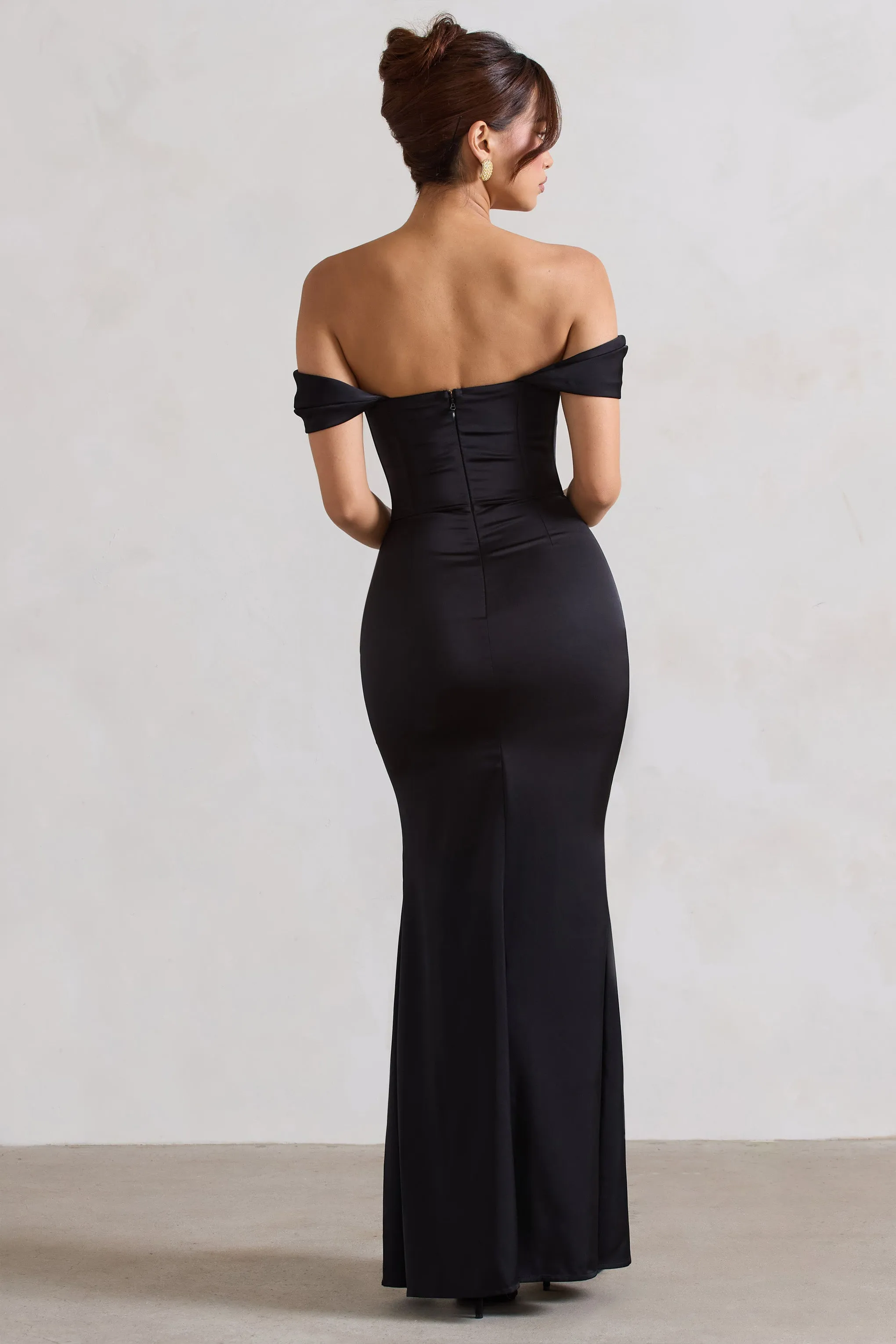 Kimberly | Black Bardot Fishtail Satin Maxi Dress