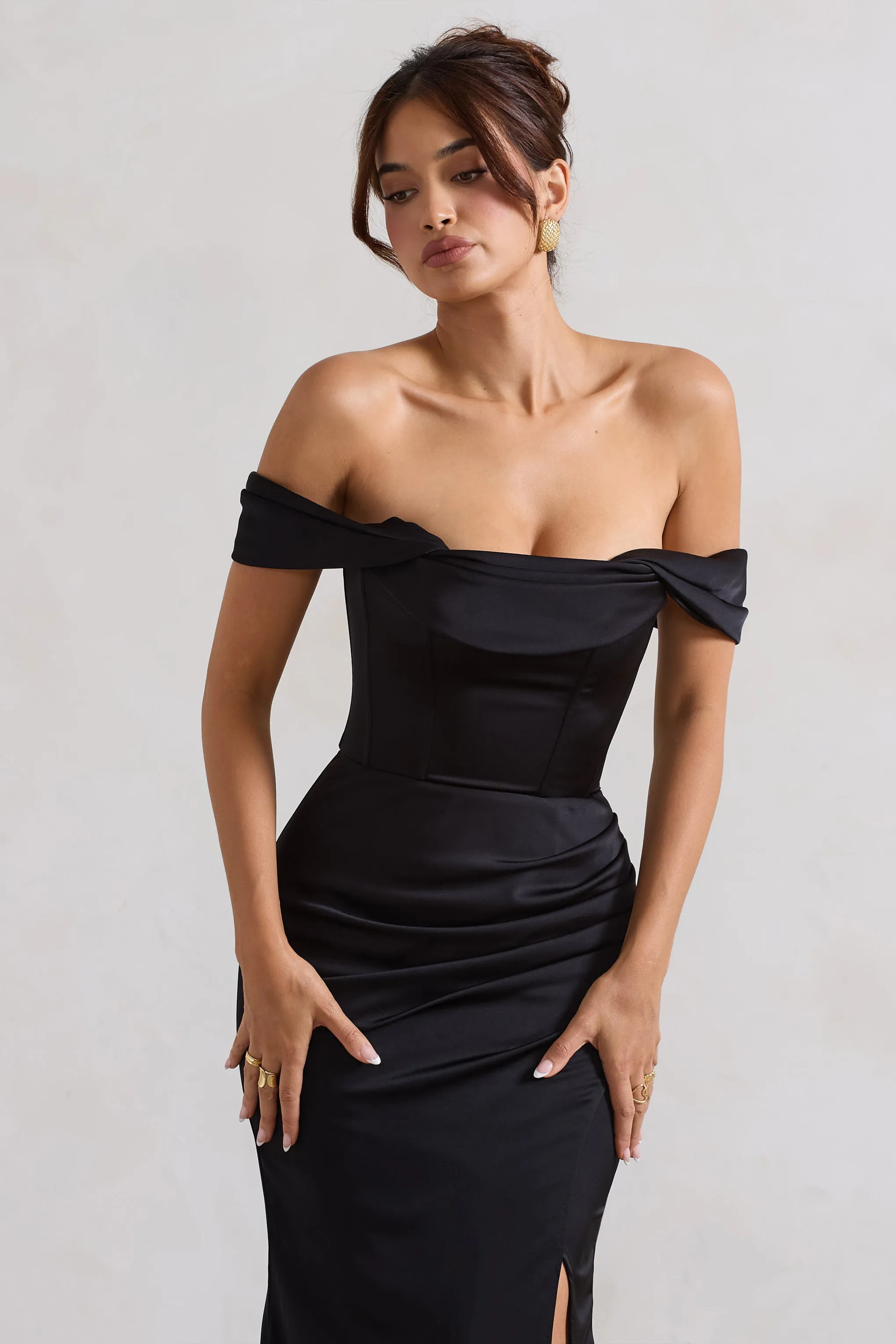 Kimberly | Black Bardot Fishtail Satin Maxi Dress