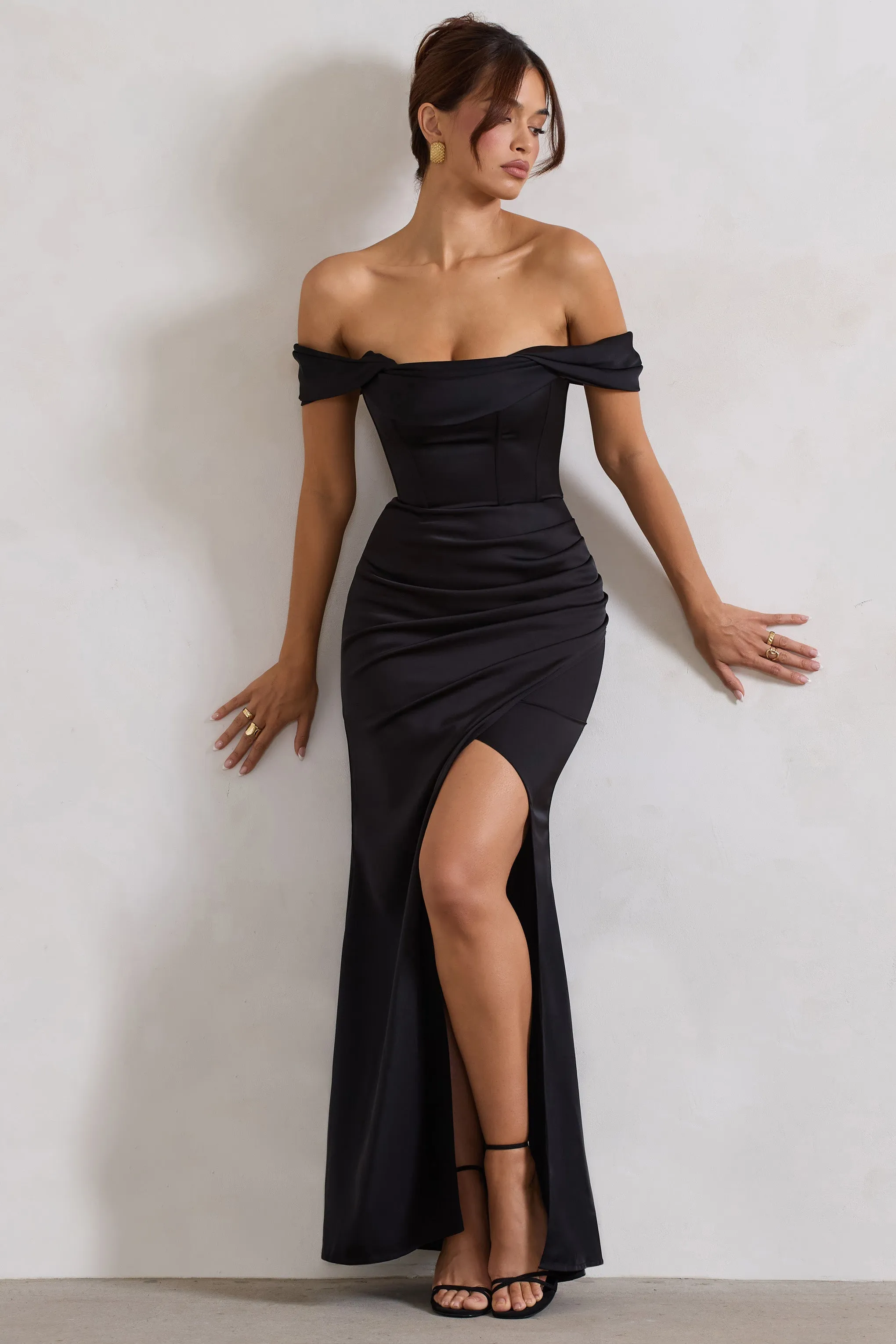 Kimberly | Black Bardot Fishtail Satin Maxi Dress