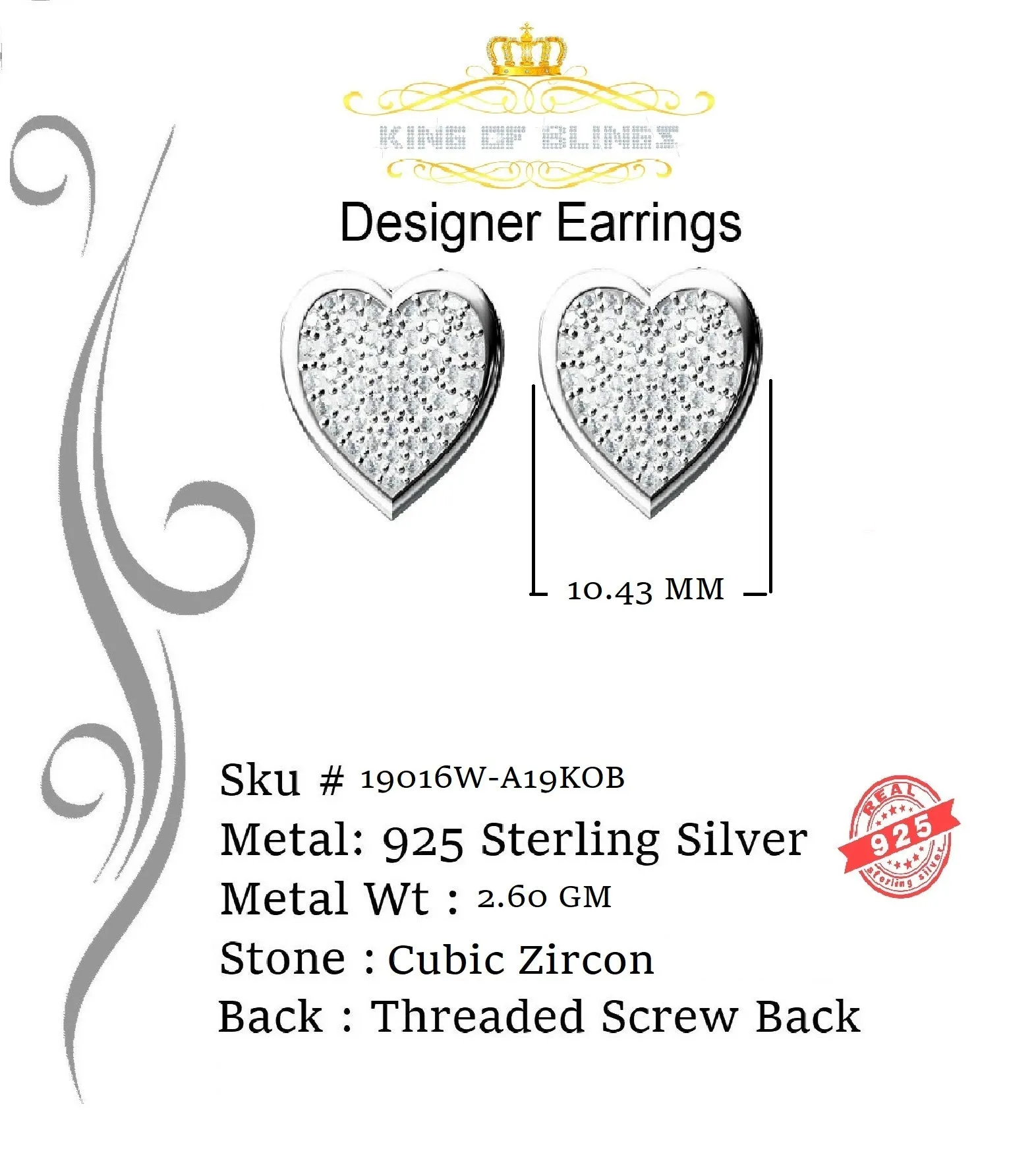 King of Blings- Aretes Para Hombre 925 White Silver 0.71ct Cubic Zirconia Heart Women's Earrings