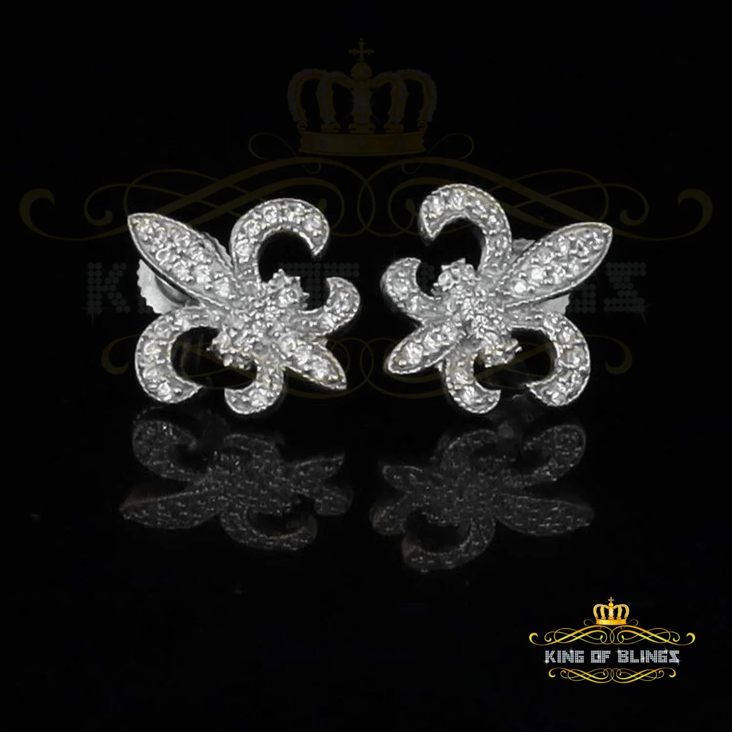 King of Blings- Fleur de Lis White 925 Silver Screw Back 0.62ct Cubic Zirconia Women Earrings