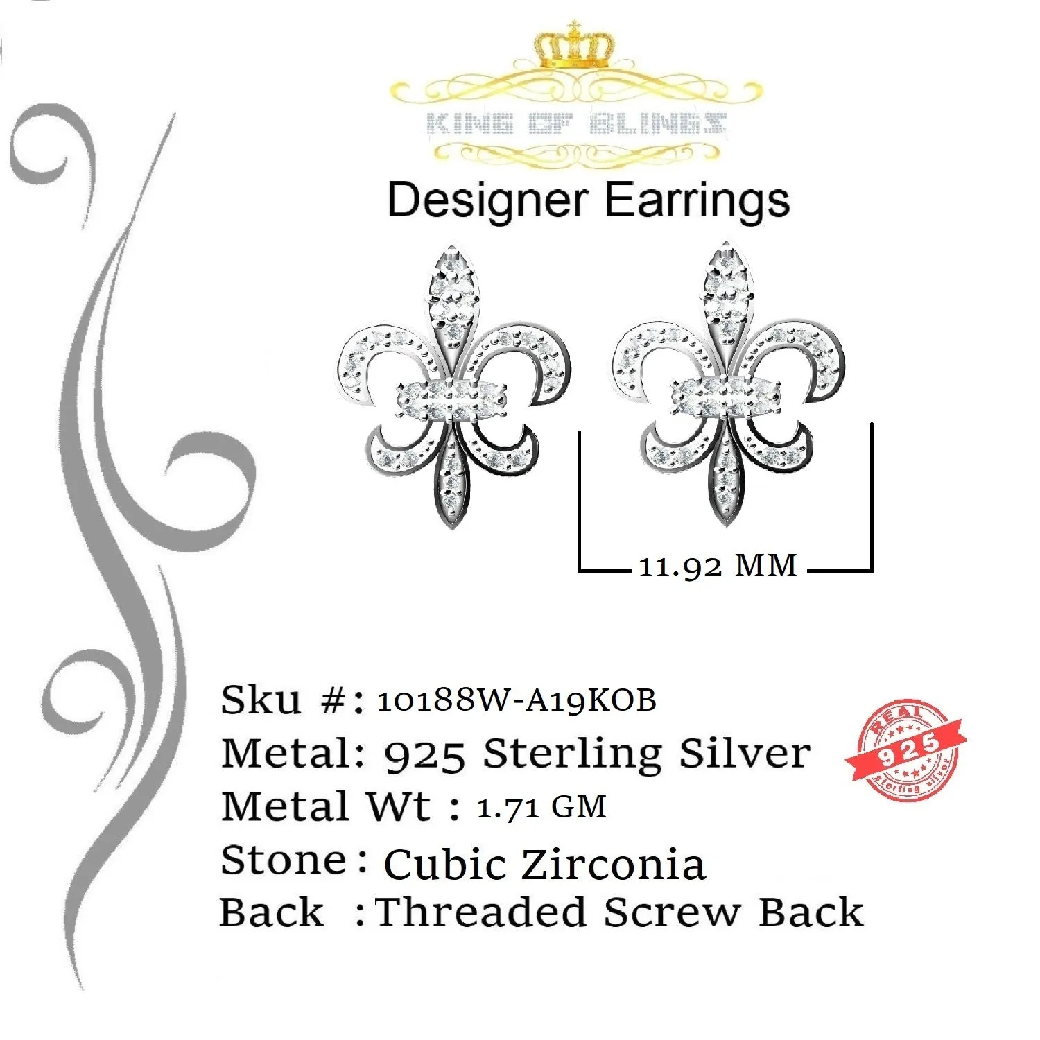 King of Blings- Fleur de Lis White 925 Silver Screw Back 0.62ct Cubic Zirconia Women Earrings