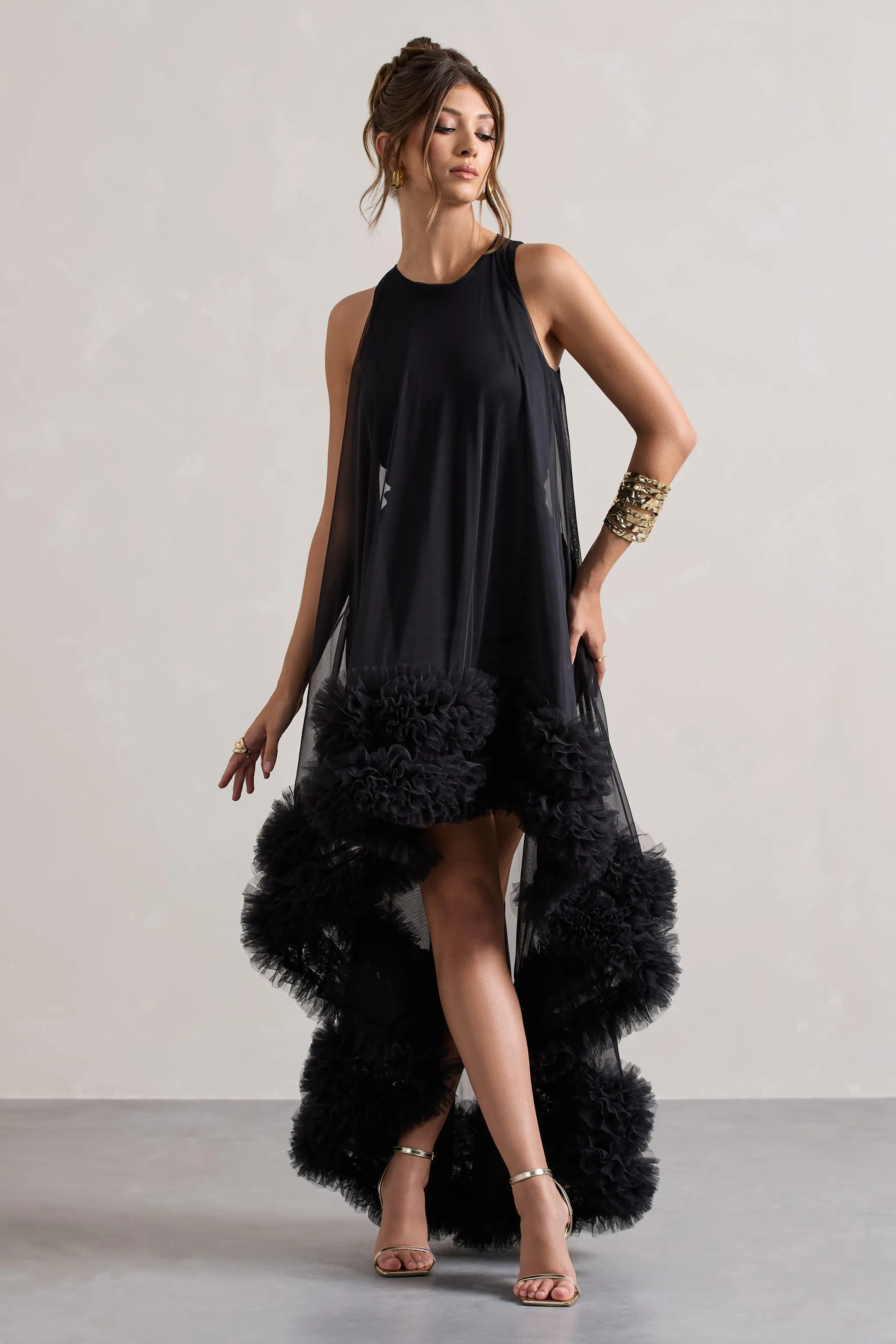 Lacie | Black Sleeveless Mini Dress With Tulle Overlay