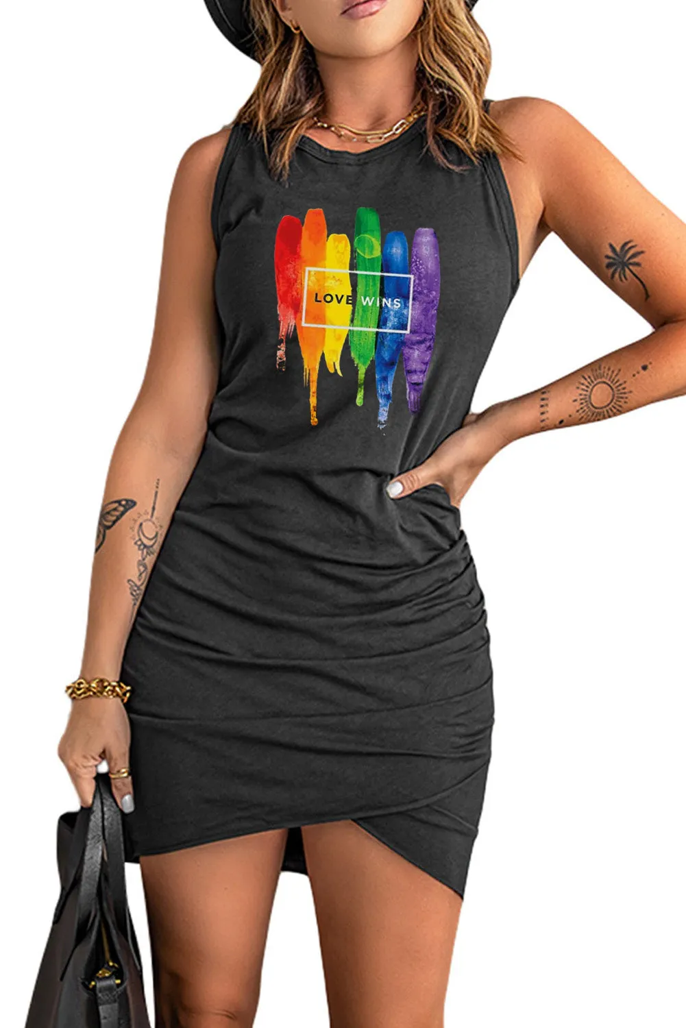 Love Wins Rainbow Printed Ruched Sleeveless Bodycon Tank Short Mini Dress