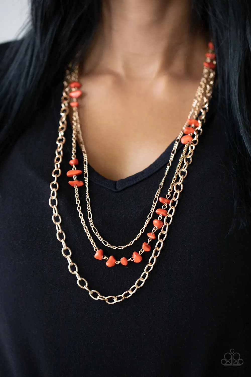 Paparazzi Artisanal Abundance - Orange and Gold Multi Layer Long Necklace