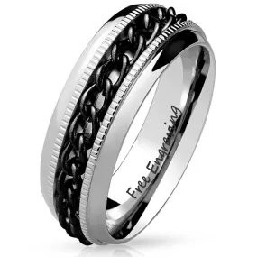 Personalized Engraved Men's Black Chain Spinner Ring - Silver Fidget Spinner For Him