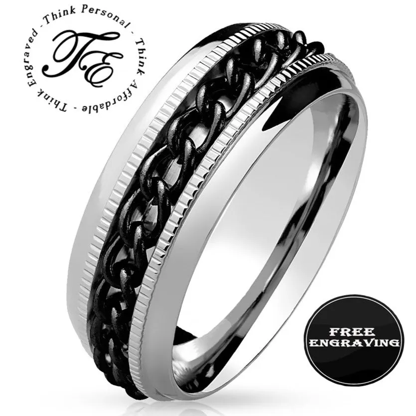 Personalized Engraved Men's Black Chain Spinner Ring - Silver Fidget Spinner For Him