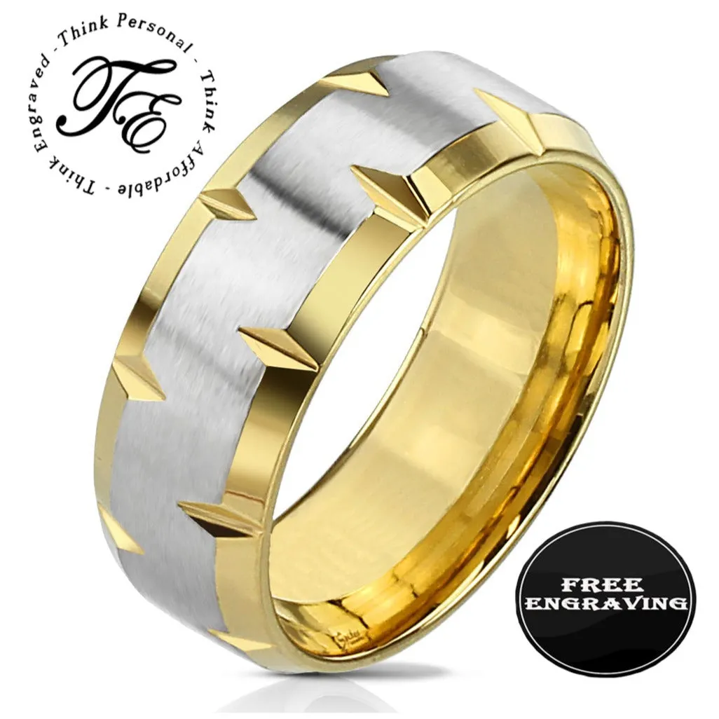 Personalized Men's Gold Notched Promise Ring - Engraved Handwriting Promise Ring