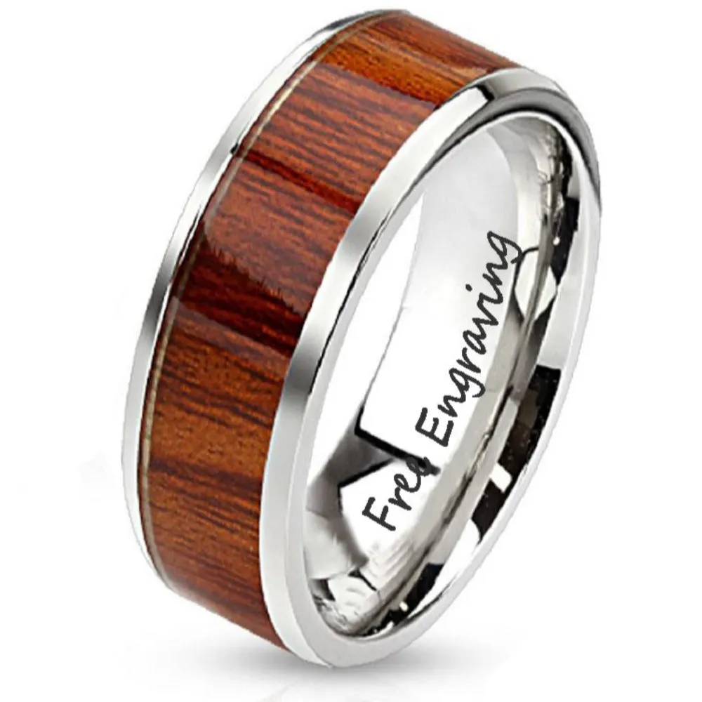 Personalized Men's Promise Ring - Silver With Wood Inlay Stainless Steel