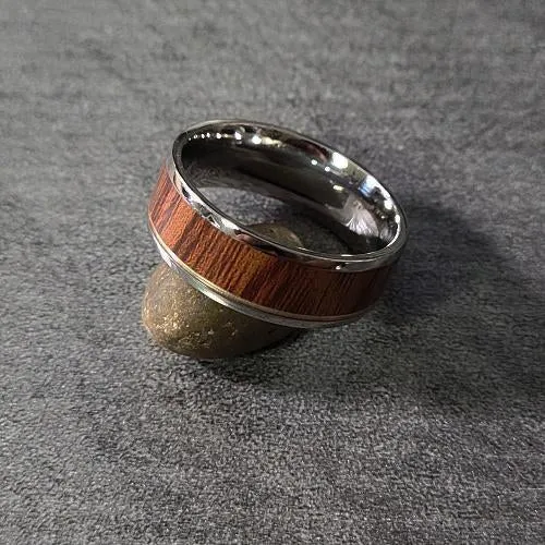 Personalized Men's Promise Ring - Silver With Wood Inlay Stainless Steel