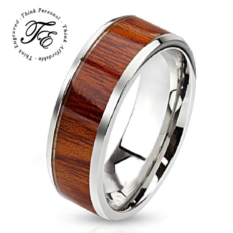 Personalized Men's Promise Ring - Silver With Wood Inlay Stainless Steel