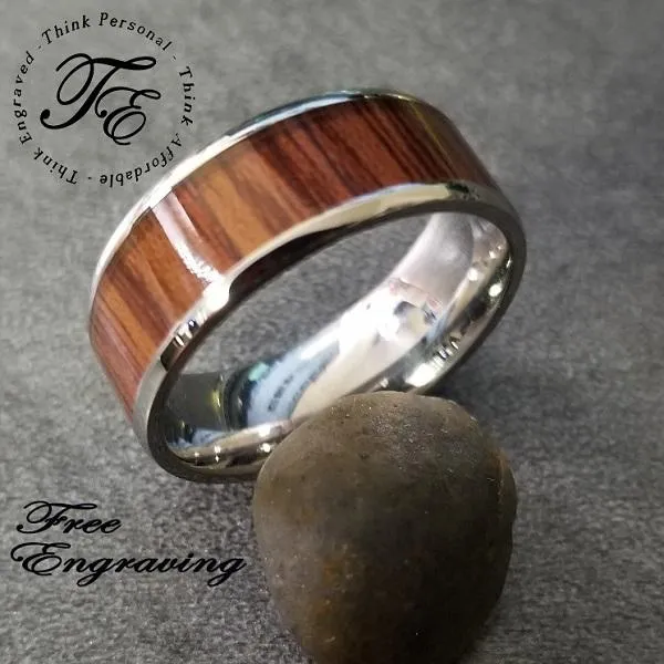 Personalized Men's Promise Ring - Silver With Wood Inlay Stainless Steel