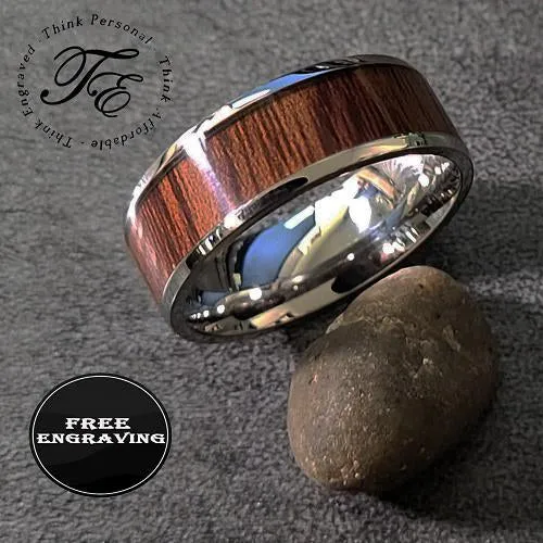 Personalized Men's Promise Ring - Silver With Wood Inlay Stainless Steel