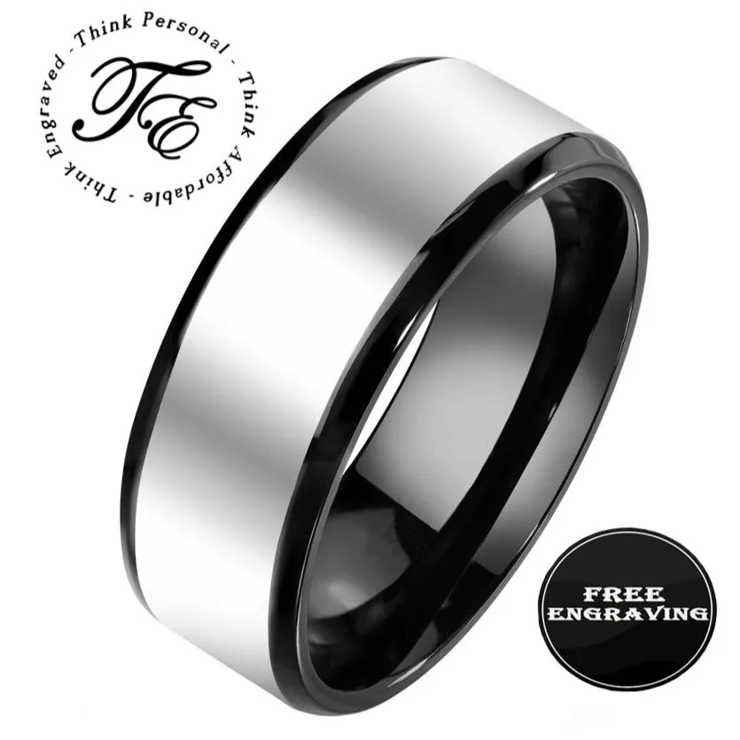 Personalized Men's Silver and Black Wedding Ring - Engraved Handwriting Wedding Ring