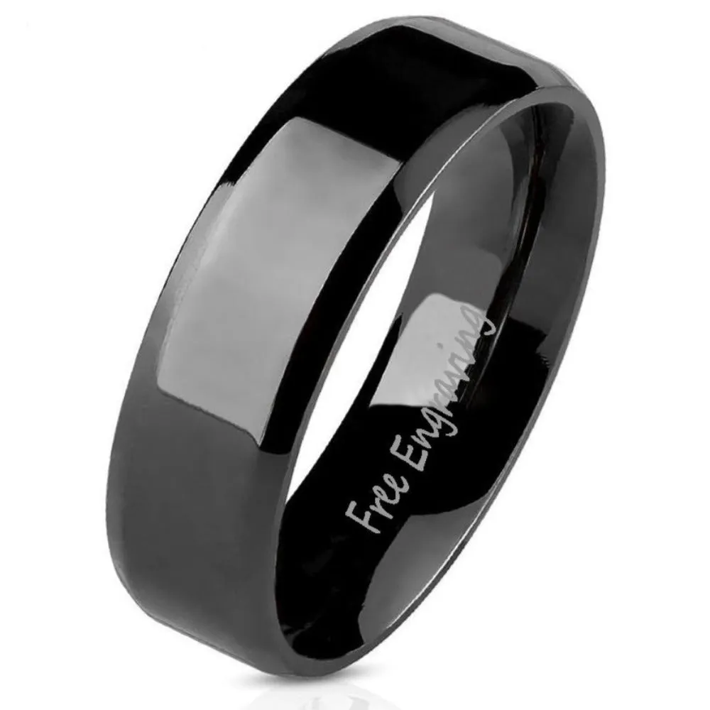 Personalized Men's Traditional Black Wedding Ring - Engraved Handwriting Ring