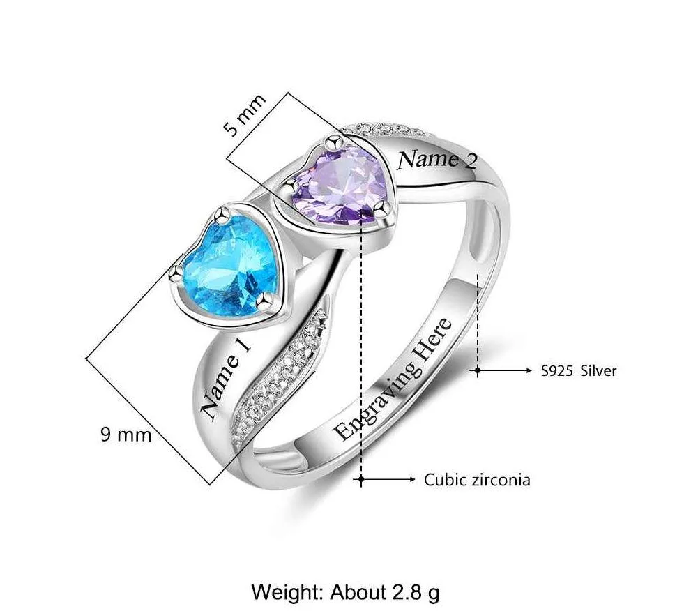 Personalized Mothers Ring 2 Heart Birthstones Lovely Hearts 2 Names