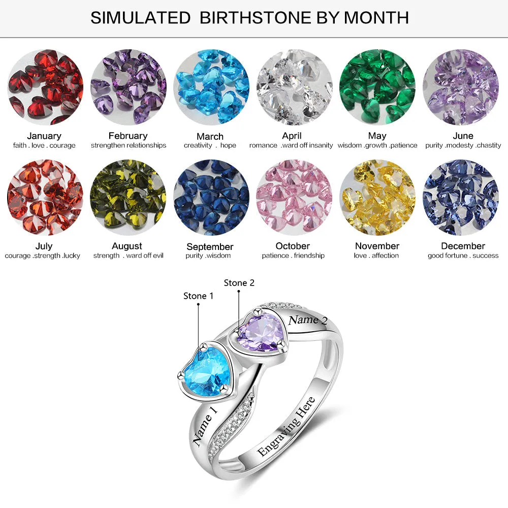 Personalized Mothers Ring 2 Heart Birthstones Lovely Hearts 2 Names