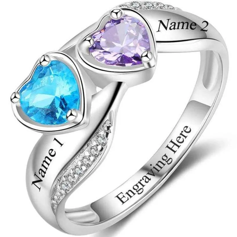 Personalized Mothers Ring 2 Heart Birthstones Lovely Hearts 2 Names