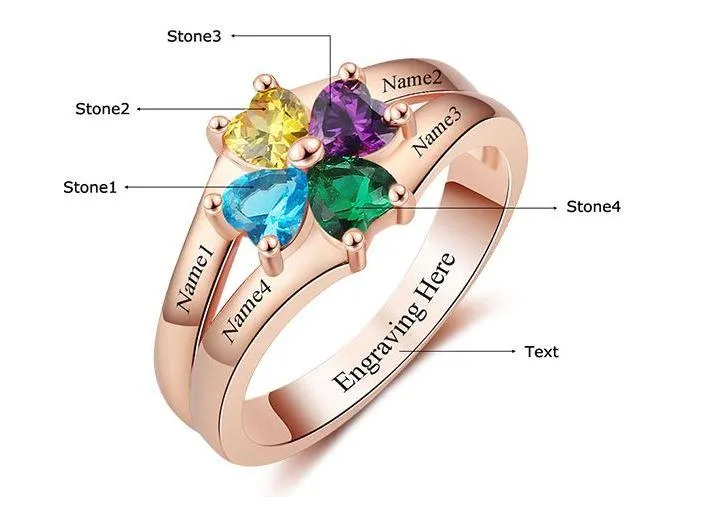 Personalized Rose Gold Mother's Ring 4 Birthstones Circled Hearts 4 Names