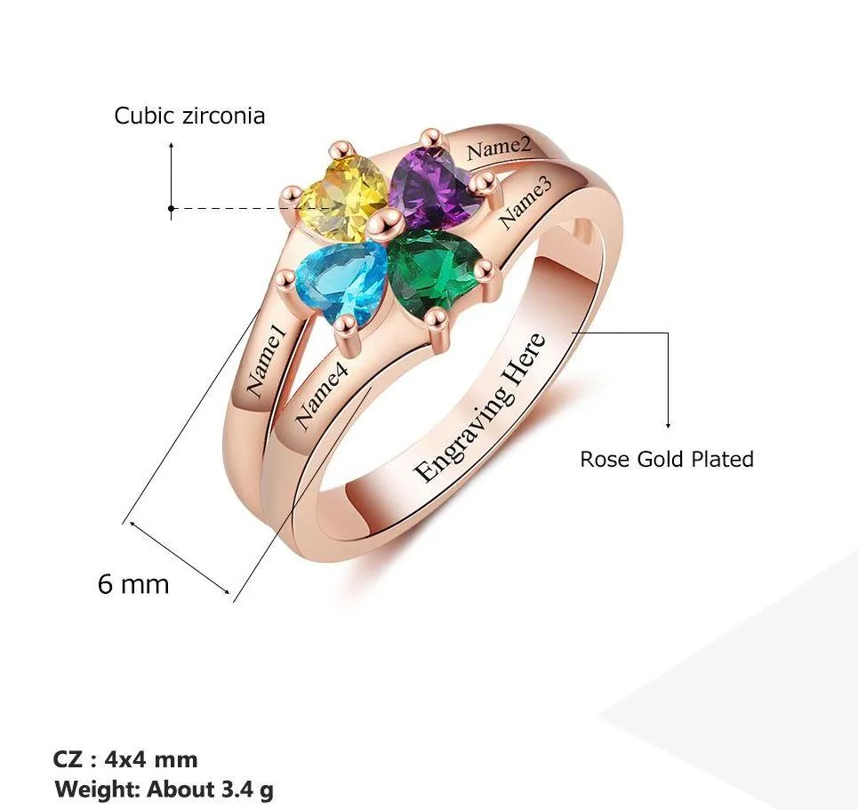 Personalized Rose Gold Mother's Ring 4 Birthstones Circled Hearts 4 Names