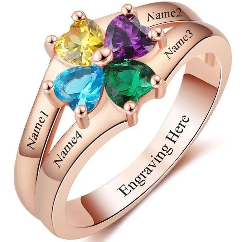 Personalized Rose Gold Mother's Ring 4 Birthstones Circled Hearts 4 Names