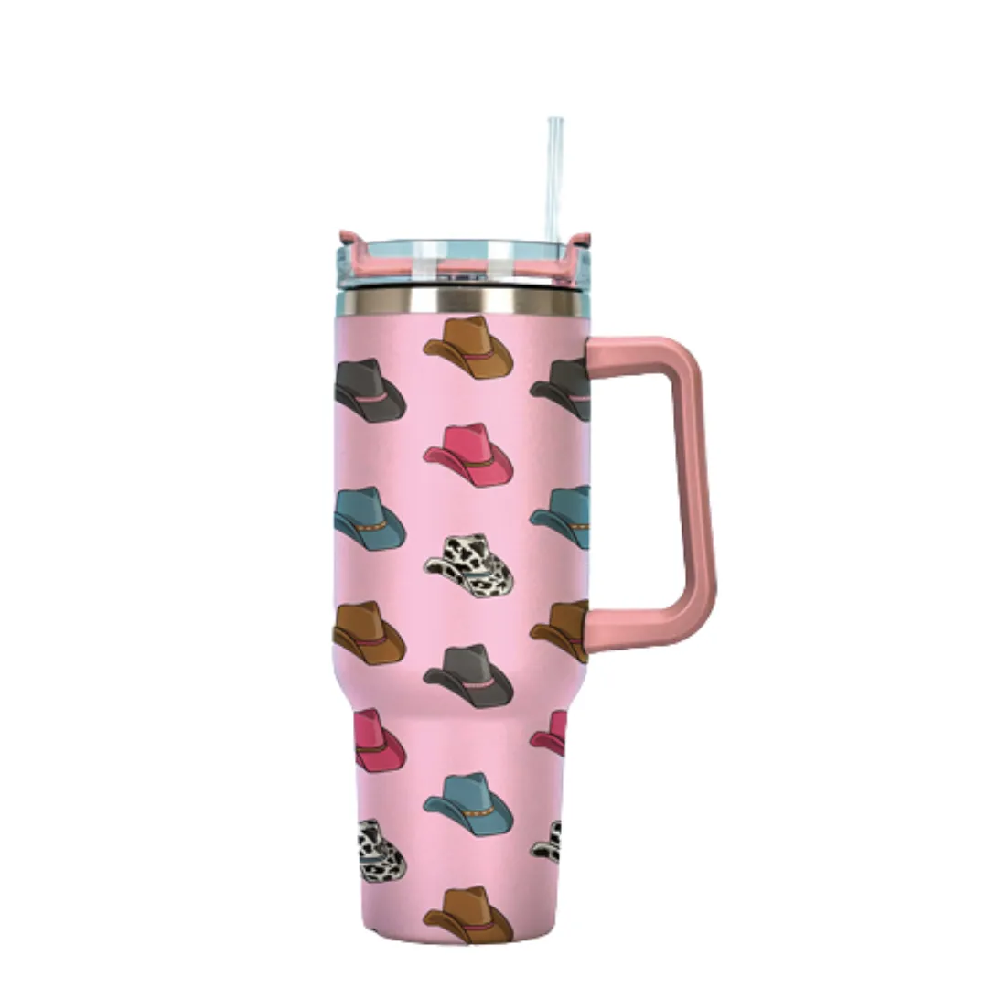 Pink Cowboy Hat Tumbler with Handle