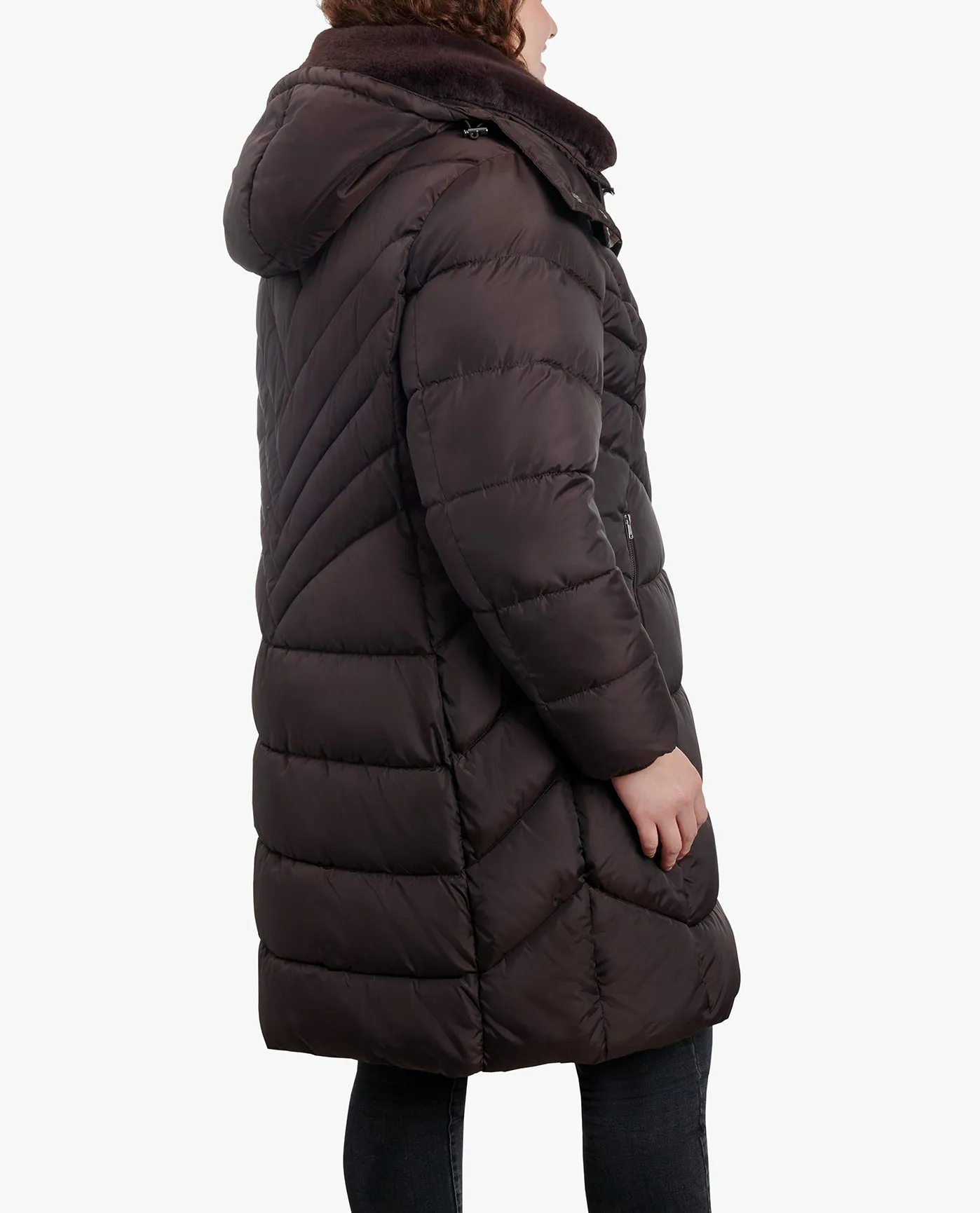 PLUS SIZE ZIP-FRONT HOODED HEAVY WEIGHT PUFFER JACKET WITH BUTTON-OFF FUR COLLAR